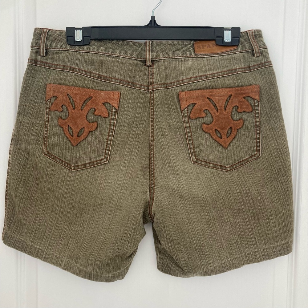 SPANNER Khaki Green Jean Shorts Tan Suede Accents Western Sexy Cowgirl Rodeo
